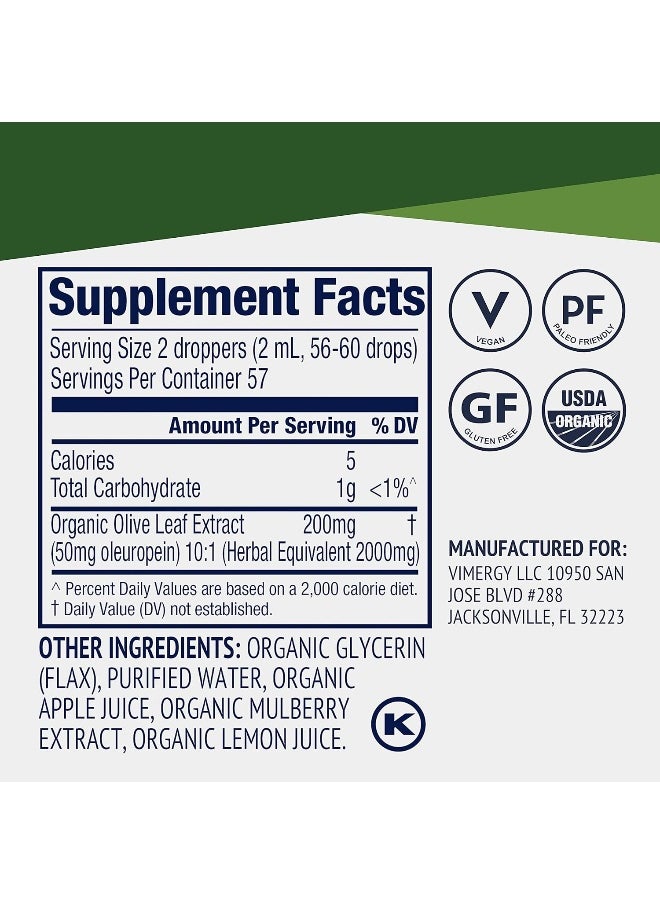 Vimergy Organic Olive Leaf Extract, 57 Servings - Pure Olive Leaf Liquid Drops - Supports Immune and Cardiovascular Health - USDA Organic, Gluten-Free, Non-GMO, Vegan & Paleo Friendly (4 oz)