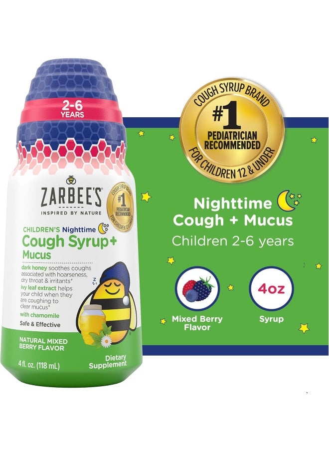 Kids Cough + Mucus Nighttime for Children 2-6 with Dark Honey, Ivy Leaf, Zinc And Elderberry, Mixed Berry Flavor, 118 ML