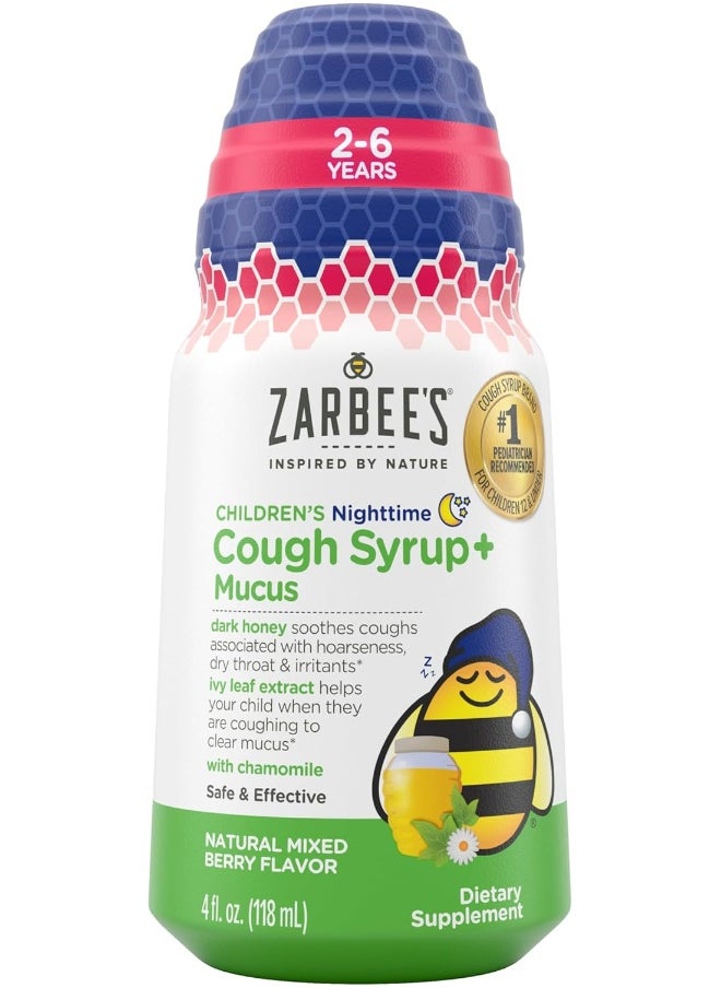 Kids Cough + Mucus Nighttime for Children 2-6 with Dark Honey, Ivy Leaf, Zinc And Elderberry, Mixed Berry Flavor, 118 ML