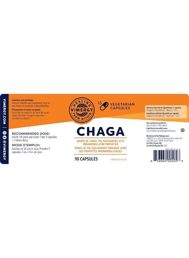 Vimergy Chaga Mushroom Capsules, 30 Servings – Real Mushroom Herbal Supplement for Cardiovascular Support - Kosher, Non-GMO, Gluten-Free, Vegan, Paleo - 100% Pure Chaga with Zero Fillers (90 Count)