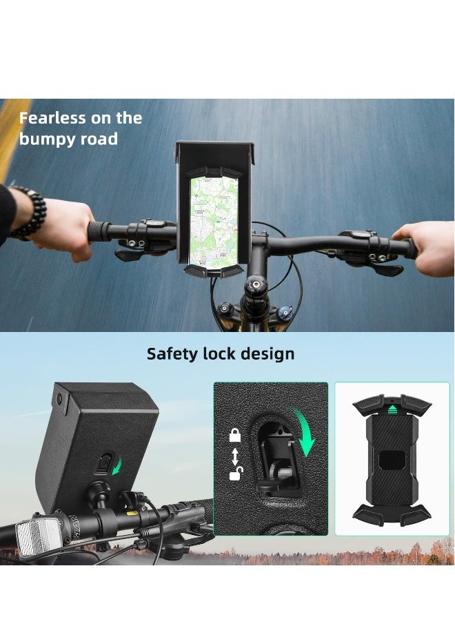 Motorcycle Phone Mount Holder with Sun Shade Waterproof 360° Rotatable Reduce Glare and Reflection, Sturdy Secure Can One-Handed Operation Premium ABS and PC Anti Oxidation Compatibility Any Phone