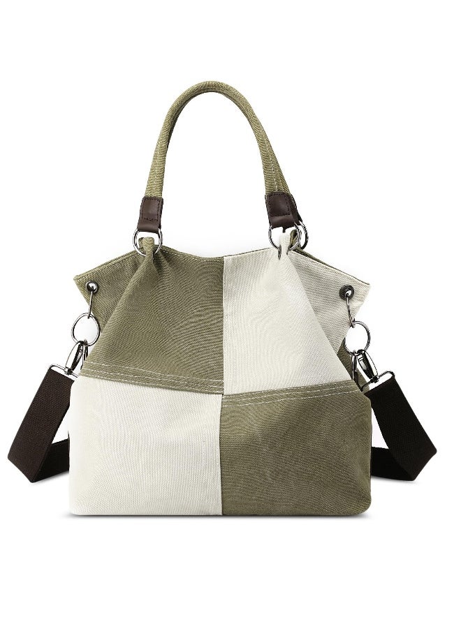 Women's Handbag, Contrast Color Casual Shoulder Bag, Canvas Ladies Top Handle Crossbody Bag with Multiple Pockets for Shopping, Travel, Daily Use (Green)