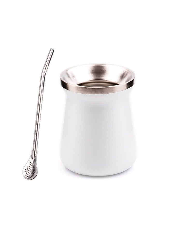 Yerba Mate Cup Stainless Steel Mate Cup And Bombilla Set 8oz Yerba Mate Gourd Double Walled Tea Cup With Straw (White)