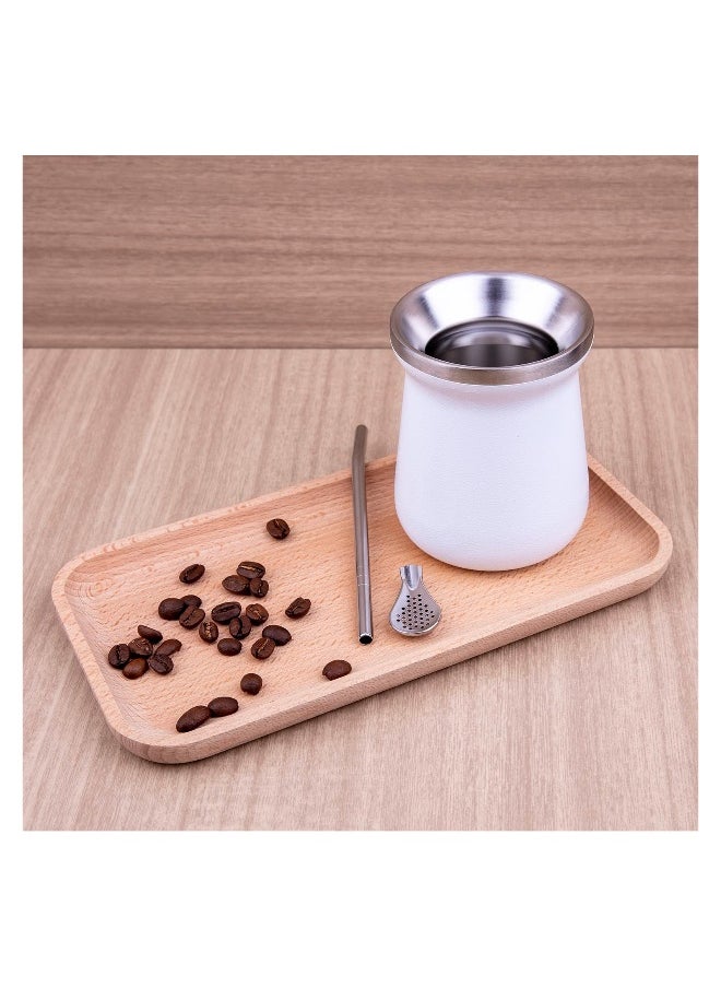 Yerba Mate Cup Stainless Steel Mate Cup And Bombilla Set 8oz Yerba Mate Gourd Double Walled Tea Cup With Straw (White)