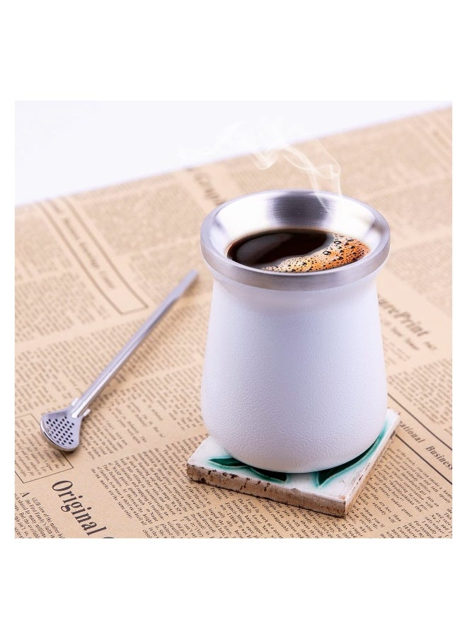 Yerba Mate Cup Stainless Steel Mate Cup And Bombilla Set 8oz Yerba Mate Gourd Double Walled Tea Cup With Straw (White)