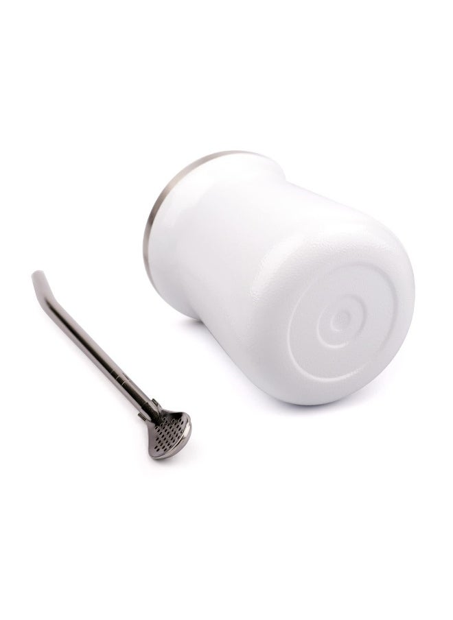 Yerba Mate Cup Stainless Steel Mate Cup And Bombilla Set 8oz Yerba Mate Gourd Double Walled Tea Cup With Straw (White)