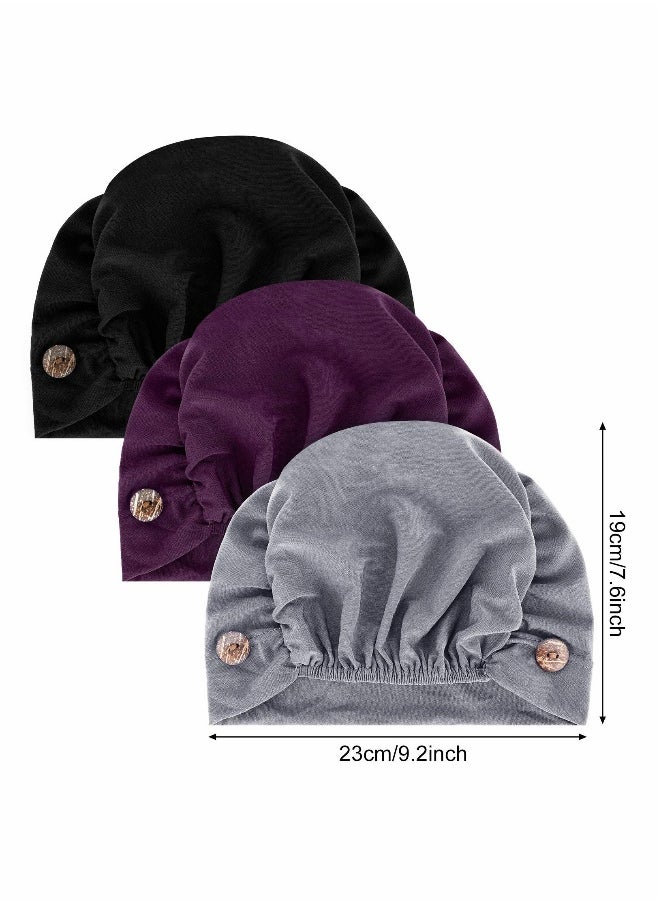 Baotou Bandana Cap, Crystal Linen Multicolor Cap, Bouffant Caps with Buttons Unisex Stretchy Headband Turban with Buttons, for Women, 3 Pieces (Black, Dark Purple, Grey)