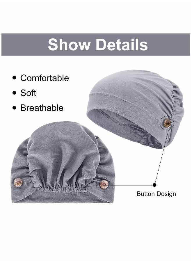 Baotou Bandana Cap, Crystal Linen Multicolor Cap, Bouffant Caps with Buttons Unisex Stretchy Headband Turban with Buttons, for Women, 3 Pieces (Black, Dark Purple, Grey)