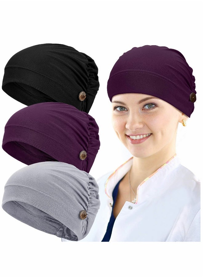 Baotou Bandana Cap, Crystal Linen Multicolor Cap, Bouffant Caps with Buttons Unisex Stretchy Headband Turban with Buttons, for Women, 3 Pieces (Black, Dark Purple, Grey)