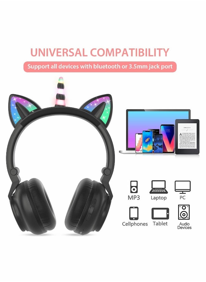 Unicorn Headphones, Bluetooth Foldable Headphones Stereo with Microphone and Volume Control Light Up for PC/Cell Phones/TV/iPad, Boys Girls Kids (Black)