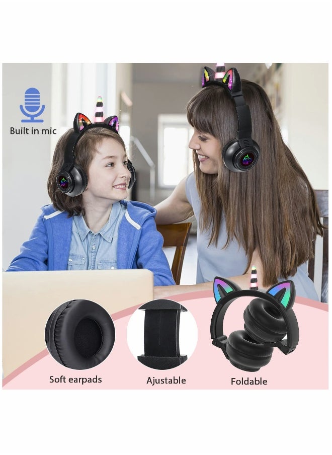 Unicorn Headphones, Bluetooth Foldable Headphones Stereo with Microphone and Volume Control Light Up for PC/Cell Phones/TV/iPad, Boys Girls Kids (Black)