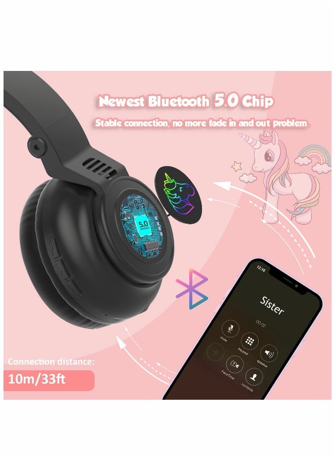 Unicorn Headphones, Bluetooth Foldable Headphones Stereo with Microphone and Volume Control Light Up for PC/Cell Phones/TV/iPad, Boys Girls Kids (Black)