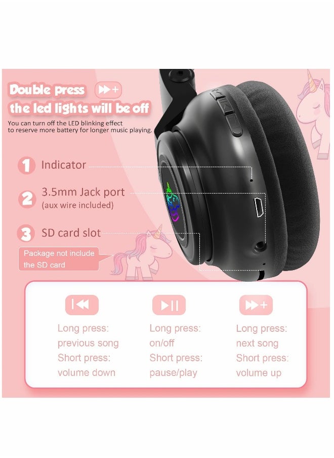 Unicorn Headphones, Bluetooth Foldable Headphones Stereo with Microphone and Volume Control Light Up for PC/Cell Phones/TV/iPad, Boys Girls Kids (Black)