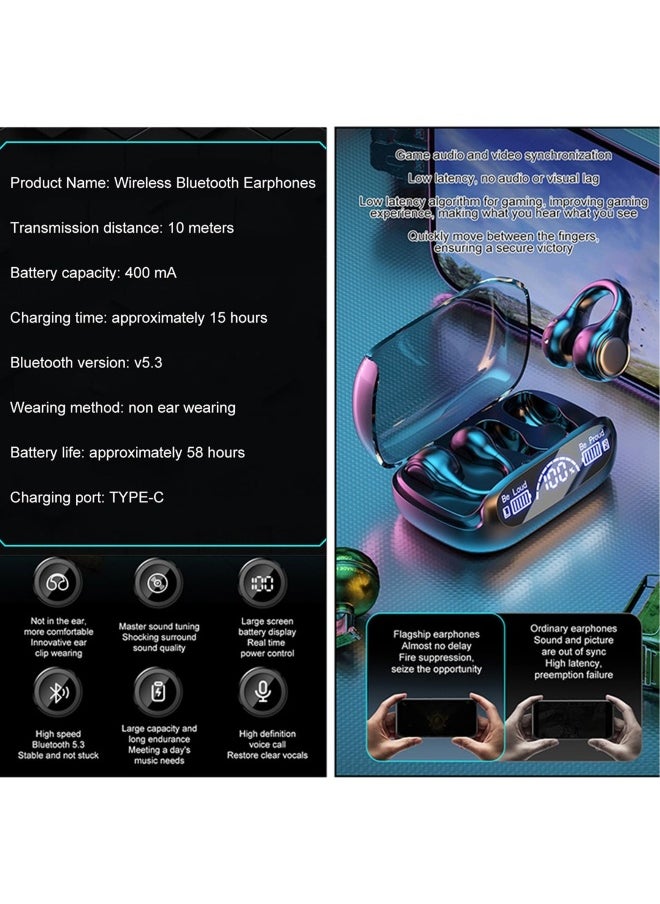 Wireless Ear Clip Bone Conduction Headphones, Bluetooth 5.3 Waterproofs Open Ear Headphones, Open Sport Bone Earbuds, with Digital Display Charging Case, for Running, Walking, Workout (Black)