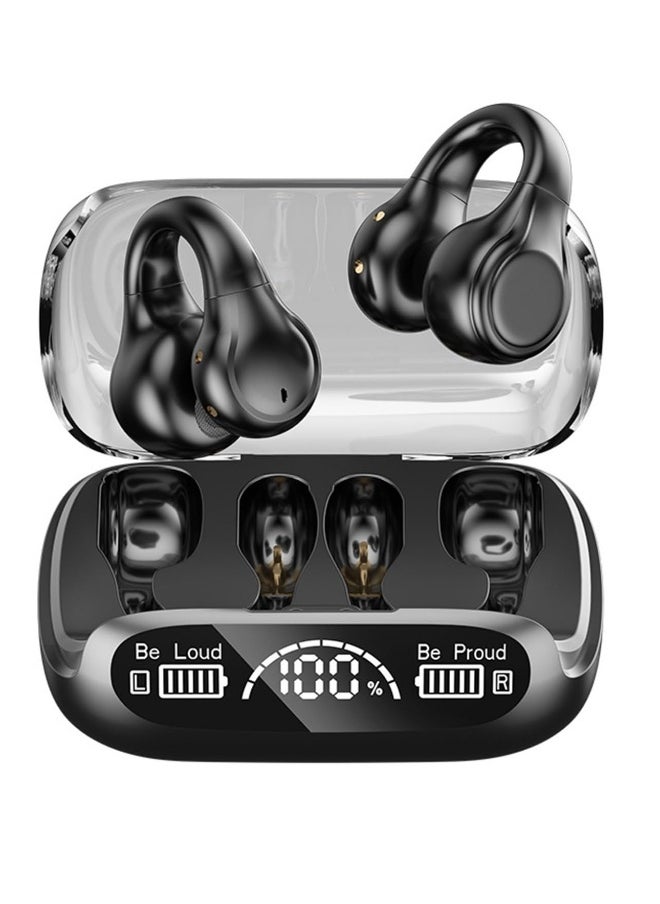 Wireless Ear Clip Bone Conduction Headphones, Bluetooth 5.3 Waterproofs Open Ear Headphones, Open Sport Bone Earbuds, with Digital Display Charging Case, for Running, Walking, Workout (Black)