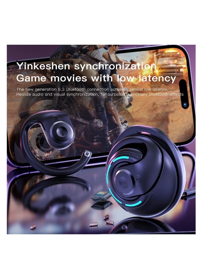 Open Ear Headphones Wireless Earbuds, Sports Fitness Running Waterproof Noise Canceling Over-Ear Headset with Microphone Gaming Earbuds HD Call Compatible with Android/iOS (Black)