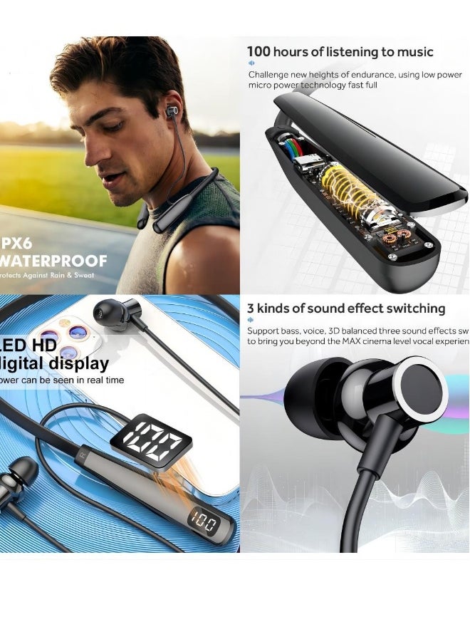 Wireless Headphones Neckband Bluetooth 5.3 with LED Power Display Waterproof Hi-Fi Stereo Earbuds for Sports Gym Running