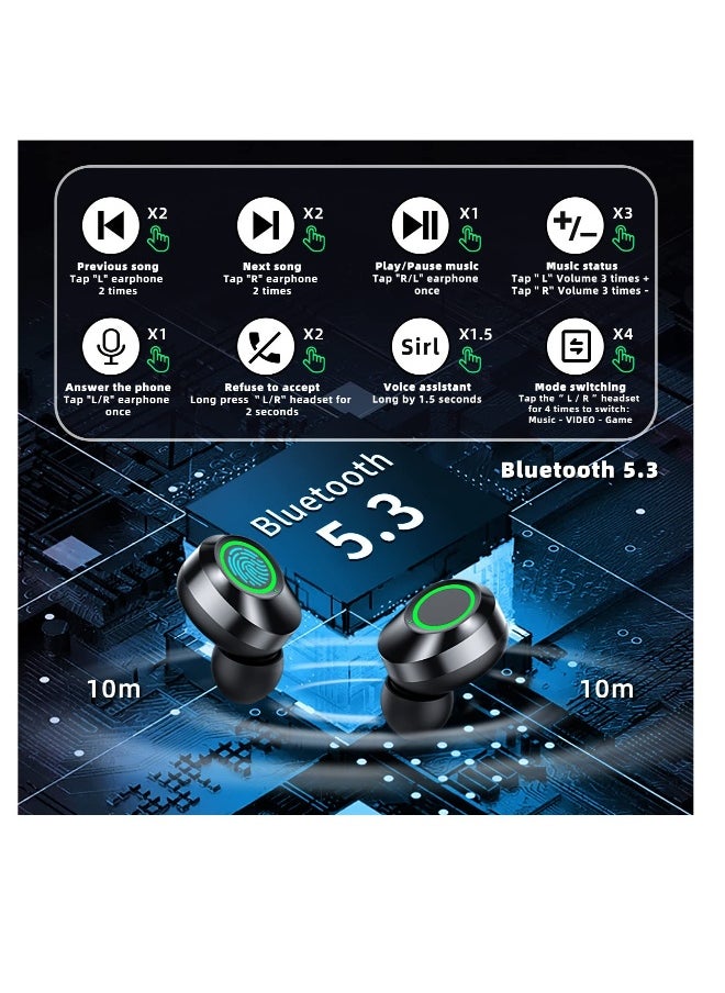 Wireless Earbuds, Bluetooth 5.3 in Ear Headphones Built-in Microphon, HiFi Stereo Sound, LCD Recharger Case, in-Ear Headphones with LED Display Touch Control, for Sports, Work, Gym(Black)