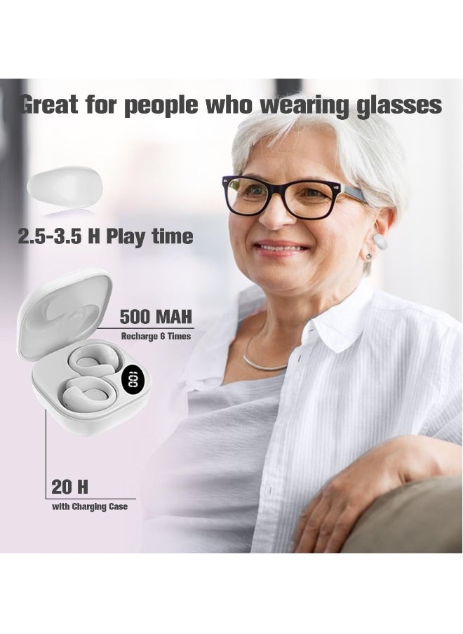 Open Ear Bone Conduction Headphones, 24 Hours Playtime, Bluetooth 5.3 Wireless EHeadphones with Mic, Clip-On Earbuds with Digital Display Charging Case, White