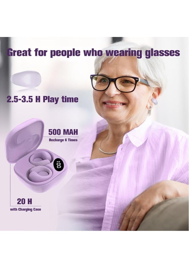 Wireless Ear Clip Bone Conduction Headphones, Open Ear Bluetooth Earbuds, LED Digital Display Bluetooth Earphones for Running, Sports, Cycling (Purple)