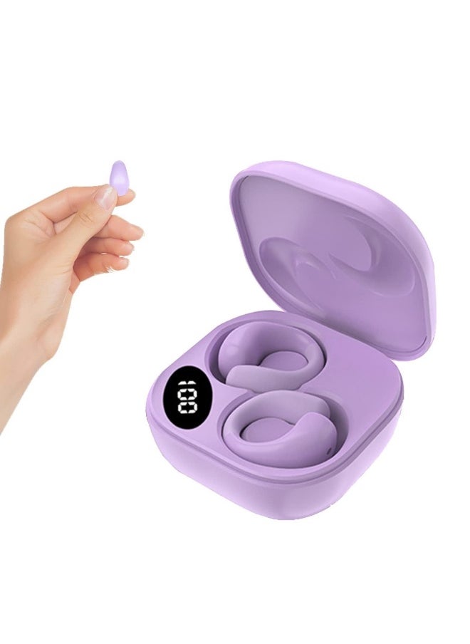 Wireless Ear Clip Bone Conduction Headphones, Open Ear Bluetooth Earbuds, LED Digital Display Bluetooth Earphones for Running, Sports, Cycling (Purple)