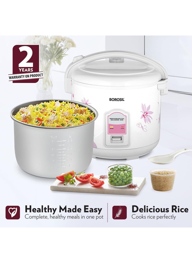 Borosil Pronto Deluxe 28L Electric Rice Cooker with Single Pot 1000W Keep Warm Feature with Indicator Display Anti Skid Rubber Feet Cook Boil Noodles Rice Upma Idli 2 Years Warranty