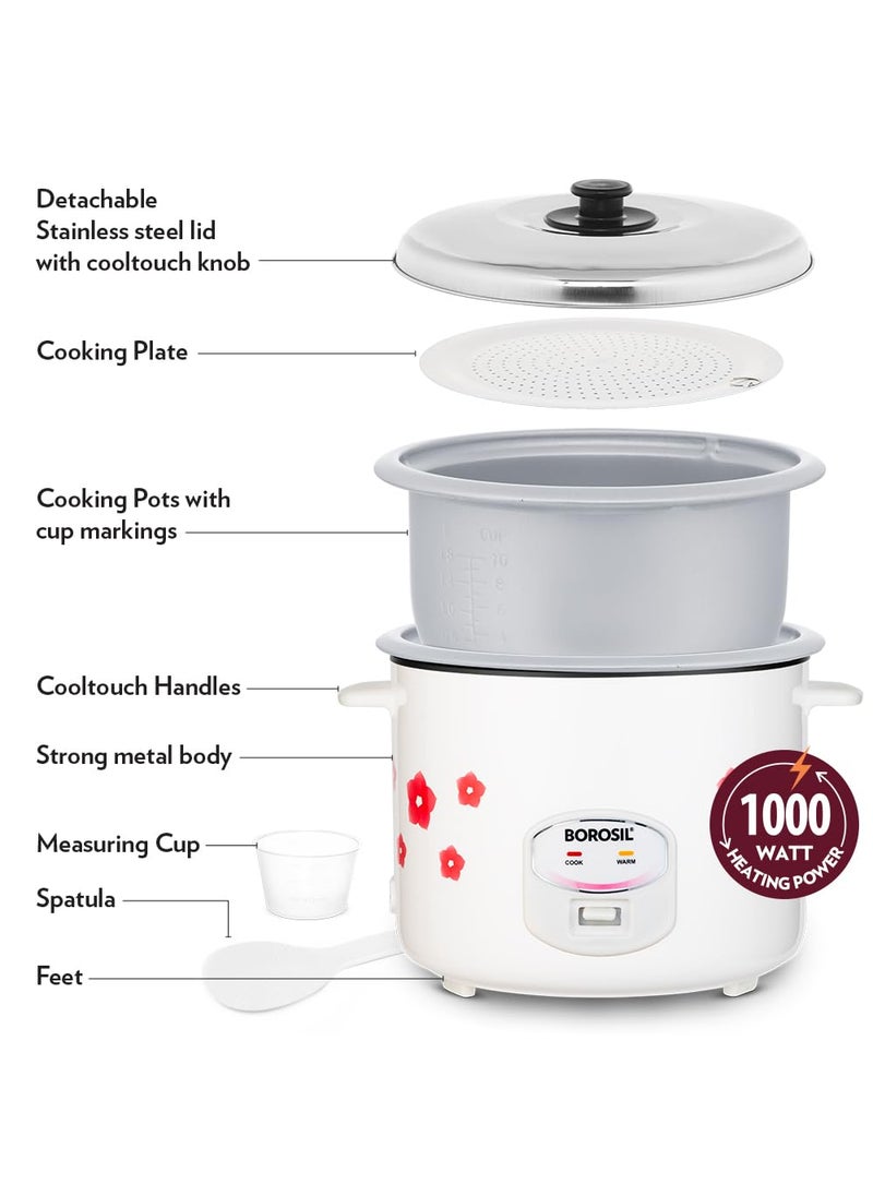 Borosil Pronto Dual 28 L Electric Rice Cooker with 2 Pot 1000W Keep Warm Feature with Indicator Display Anti Skid Rubber Feet Cook Boil Noodles Rice Upma Idli Dhokla 2 Years Warranty