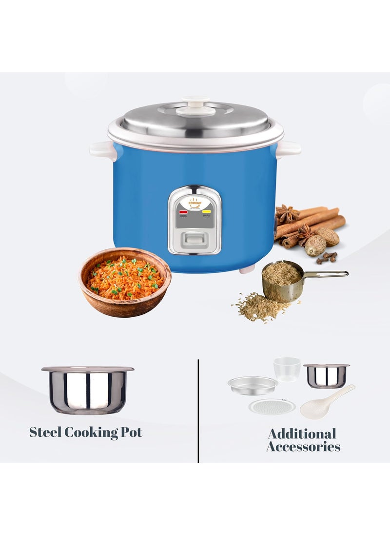 Cookup 18 Litres Electric Rice Cooker Aluminium Cooking Pans Stainless Steel Lid Cool Touch Handles Detachable Power Cord 700 Watt Steel Blue