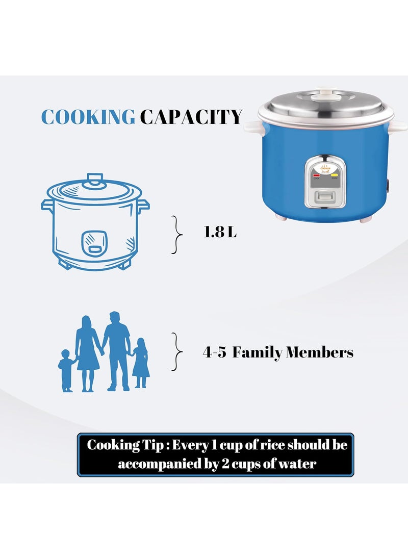 Cookup 18 Litres Electric Rice Cooker Aluminium Cooking Pans Stainless Steel Lid Cool Touch Handles Detachable Power Cord 700 Watt Steel Blue
