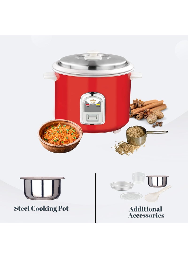Cookup 18 Litres Electric Rice Cooker Aluminium Cooking Pans Stainless Steel Lid Cool Touch Handles Detachable Power Cord 700 Watt Steel Red