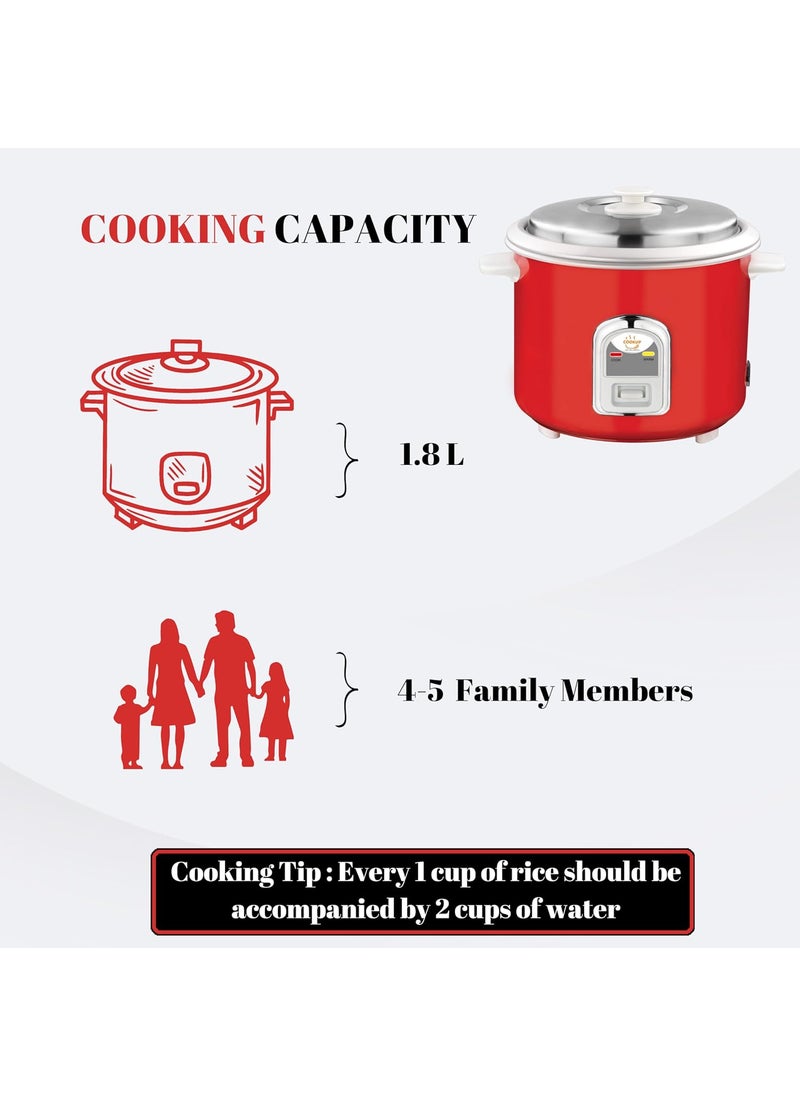 Cookup 18 Litres Electric Rice Cooker Aluminium Cooking Pans Stainless Steel Lid Cool Touch Handles Detachable Power Cord 700 Watt Steel Red