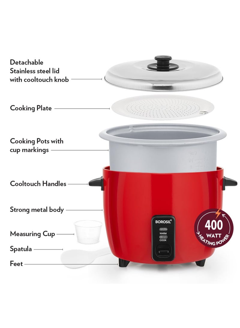 Borosil Pronto 1 L Electric Rice Cooker with Single Pot 400W Keep Warm Feature with Indicator Display Anti Skid Rubber Feet Cook Boil Noodles Rice Upma Idli Dhokla 2 Years Warranty
