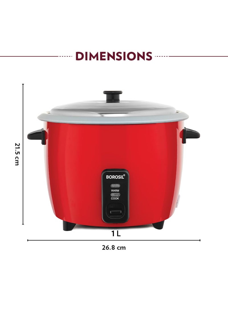 Borosil Pronto 1 L Electric Rice Cooker with Single Pot 400W Keep Warm Feature with Indicator Display Anti Skid Rubber Feet Cook Boil Noodles Rice Upma Idli Dhokla 2 Years Warranty