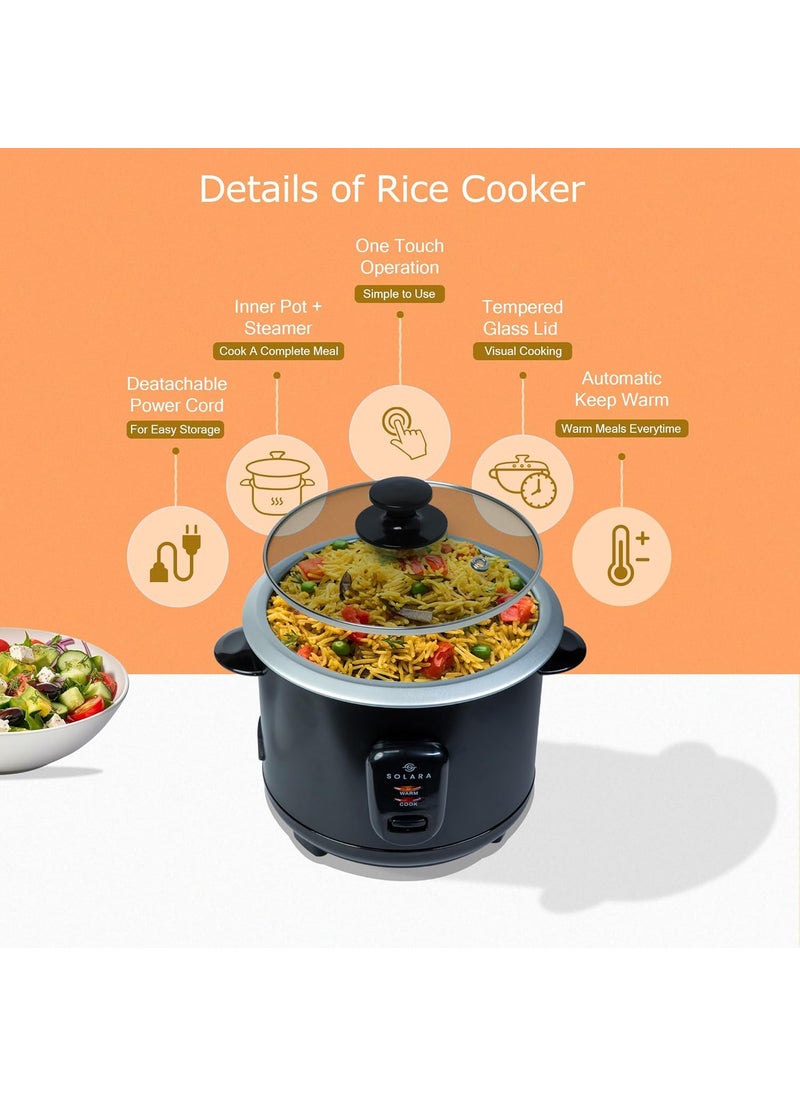 Refurbished SOLARA Automatic Rice Cooker Automatic Electric Cooker with Food Steamer Electric Rice Cooker and Grain Cooker 500 Watts Rice Cooker 1 litre with Steam Rinse Basket Black