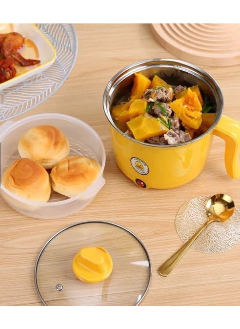 kleverkitchen Duck Non Stick Electric Mini Cooker With Steamer multipurpose duck Pot Rice Cooker Electric CookerNonStick Cooking Pot with Steamer Mini Rice CookerPortable PotTravel Noodle PotFood Container Electric Heating Lunchbox Capacity 18L 600W