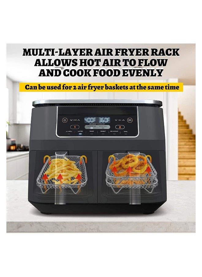 Stainless Steel Air Fryer Rack Set 3 Pcs Perfect for Ninja Dual Basket Fryers Includes Clips and Elevated Feet for Optimal Cooking