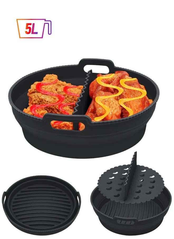 SYOSI Air Fryer Silicone Liner, 8.5Inch Air Fryer Silicone Liner Foldable Round Silicone Air Fryer Liner with Divider Non-Stick Reusable Air Fryer Liner for 5qt to 8qt Air Fryer (Black)