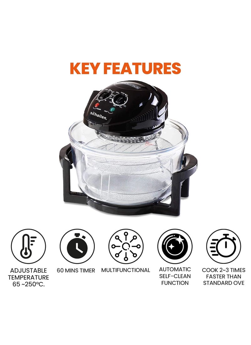 Jolfay Oven with Hot Air Technology 13 l Halogen Oven with 2 Grids and 4Tongs Adjustable Timer and Thermostat for Healthy Cooking Broil Rack Toasting Rack roaster cooker