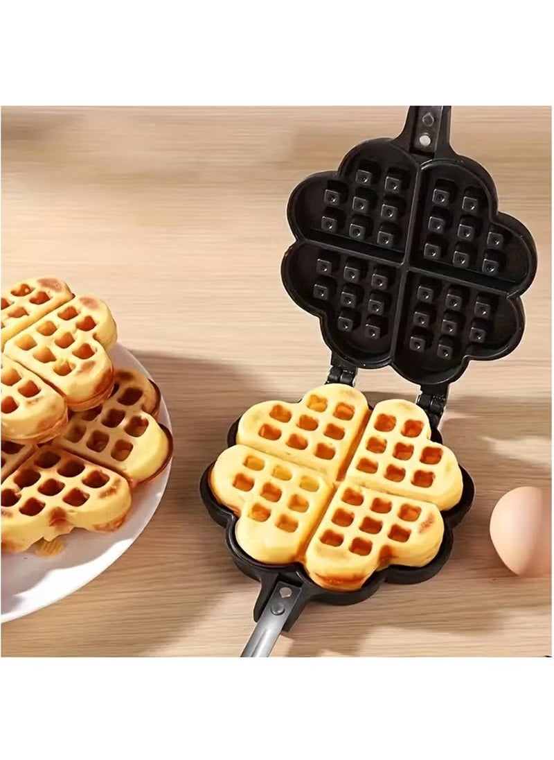 Double Sided Waffle Pan, Flower Heart Shape Cast Iron Pie Maker with Anti Scalding Handle, Campfire Cooking Equipment Camping Pie Iron Cooking Pan for Open Flames and Campfires