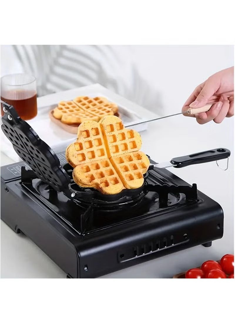 Double Sided Waffle Pan, Flower Heart Shape Cast Iron Pie Maker with Anti Scalding Handle, Campfire Cooking Equipment Camping Pie Iron Cooking Pan for Open Flames and Campfires