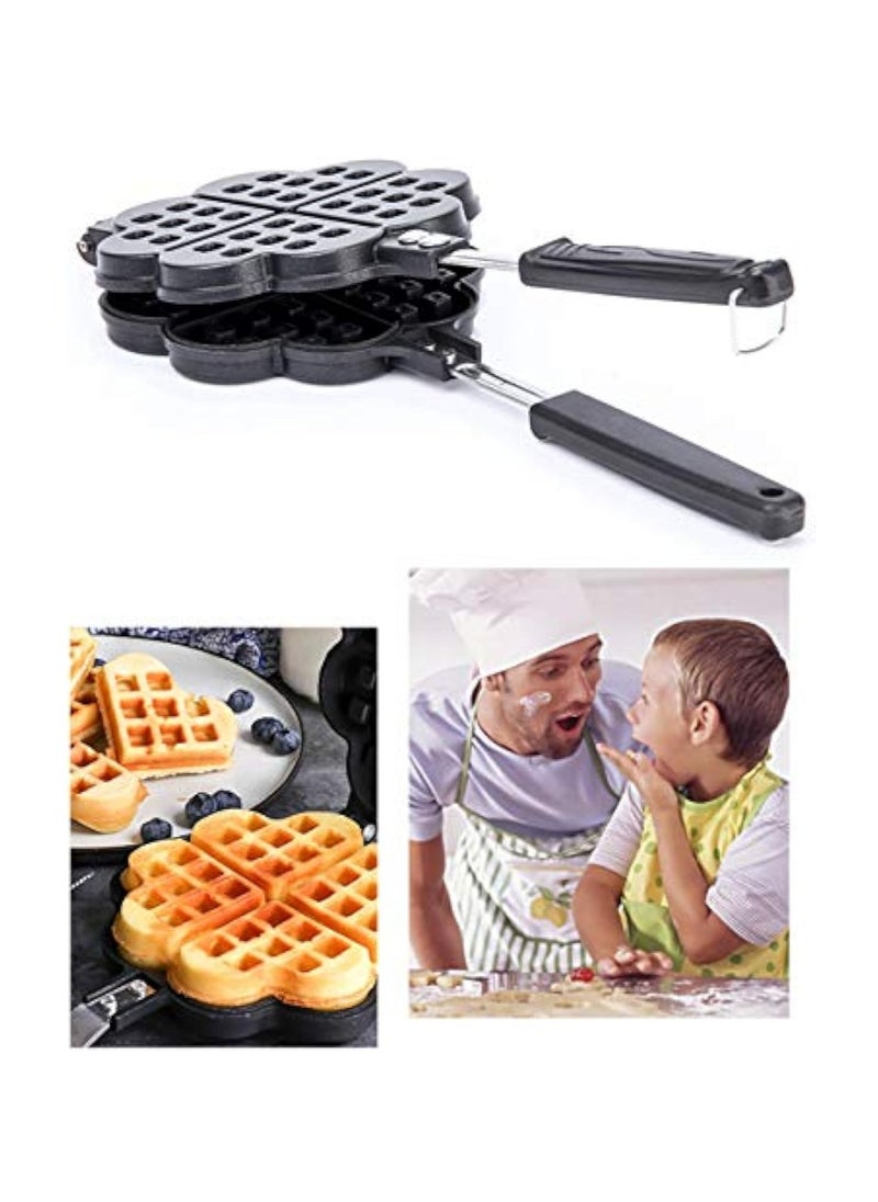 Waffle Iron Maker, Non-Stick Aluminum Stovetop Sandwich Panini Cone Cake Heart Shaped Mold Double-Side Cooking Pan Baking Tool Maker Press Plate With Handle Perfect for Kitchen and Outdoor