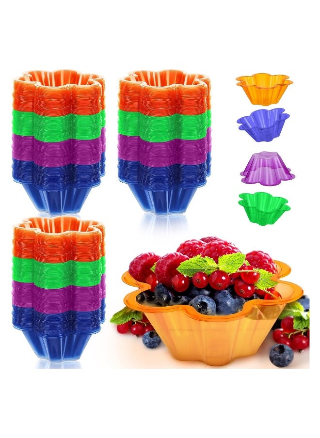 Plastic Ice Cream Bowls, 200 Pcs 8.5 oz Dessert Cups, Disposable Colorful Flower Shape Pudding Fruit Trifle Tasters Containers, for Sundae Chocolate Appetizers Shot Samplers Party Serving(4 colors*50)