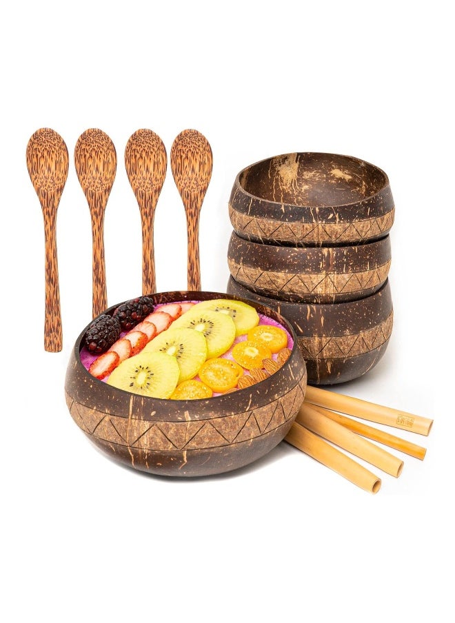 4Set Natural Coconut Bowls Wooden Spoons Straw Bowl Set Coconut Bowls Organic Reusable Eco-friendly Smoothie Bowls for Kitchen Decor Acai Bowls Smoothie Bowls
