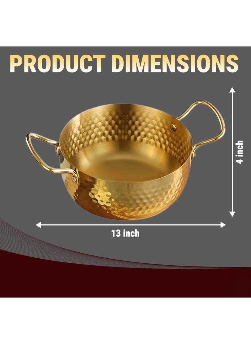 Bhajanshree Round Non Stick Brass Tope Stainless Steel Cooking Pot with Double Handle Kadai Brass Kitchen Cooking Serving Pot for Soup Noodles Pasta and Stew Pot Korean Ramen Cooker for Restaurant