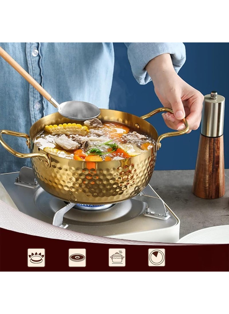 Bhajanshree Round Non Stick Brass Tope Stainless Steel Cooking Pot with Double Handle Kadai Brass Kitchen Cooking Serving Pot for Soup Noodles Pasta and Stew Pot Korean Ramen Cooker for Restaurant