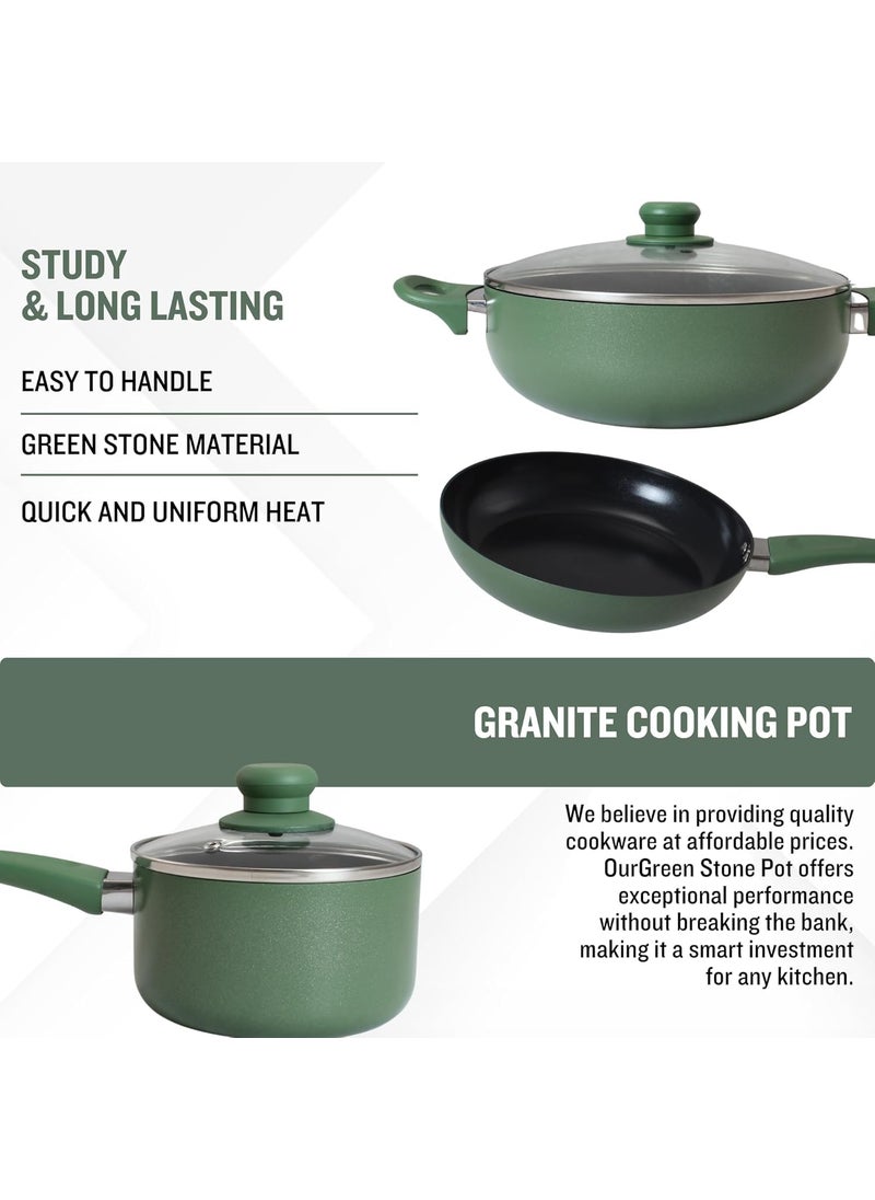 Get Plumm Ceramic Coating PFOA Free Cooking Pot Sauce Pan Fry Pan Soft Touch Handle Tempered Glass Lid Set of 3 Ceramic Non Stick Gas Induction Compatible 1 Year Warranty Green