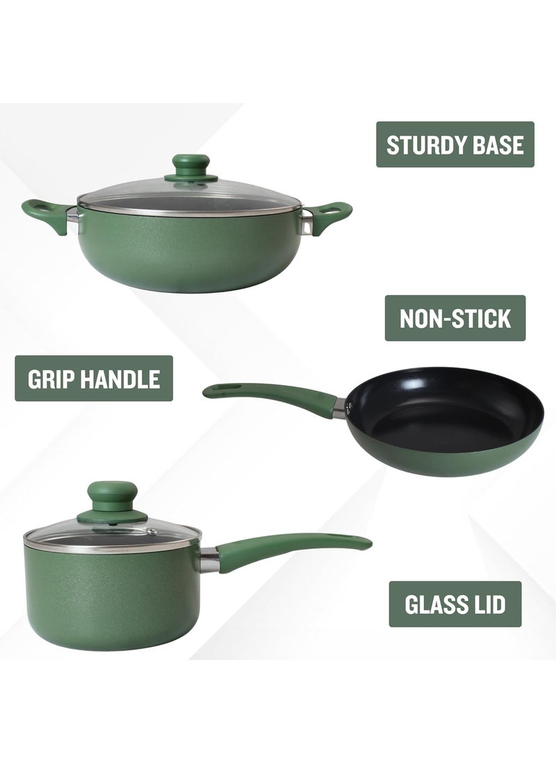 Get Plumm Ceramic Coating PFOA Free Cooking Pot Sauce Pan Fry Pan Soft Touch Handle Tempered Glass Lid Set of 3 Ceramic Non Stick Gas Induction Compatible 1 Year Warranty Green