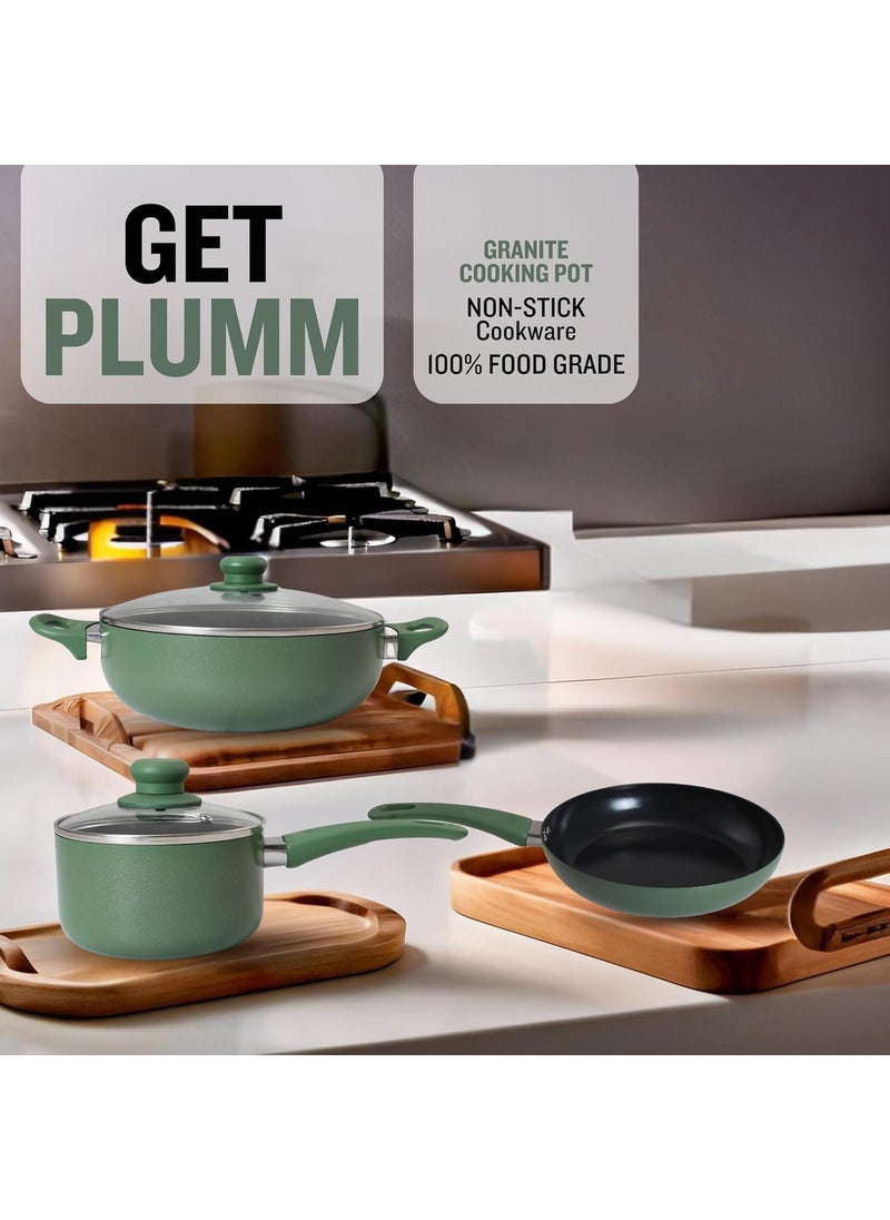 Get Plumm Ceramic Coating PFOA Free Cooking Pot Sauce Pan Fry Pan Soft Touch Handle Tempered Glass Lid Set of 3 Ceramic Non Stick Gas Induction Compatible 1 Year Warranty Green