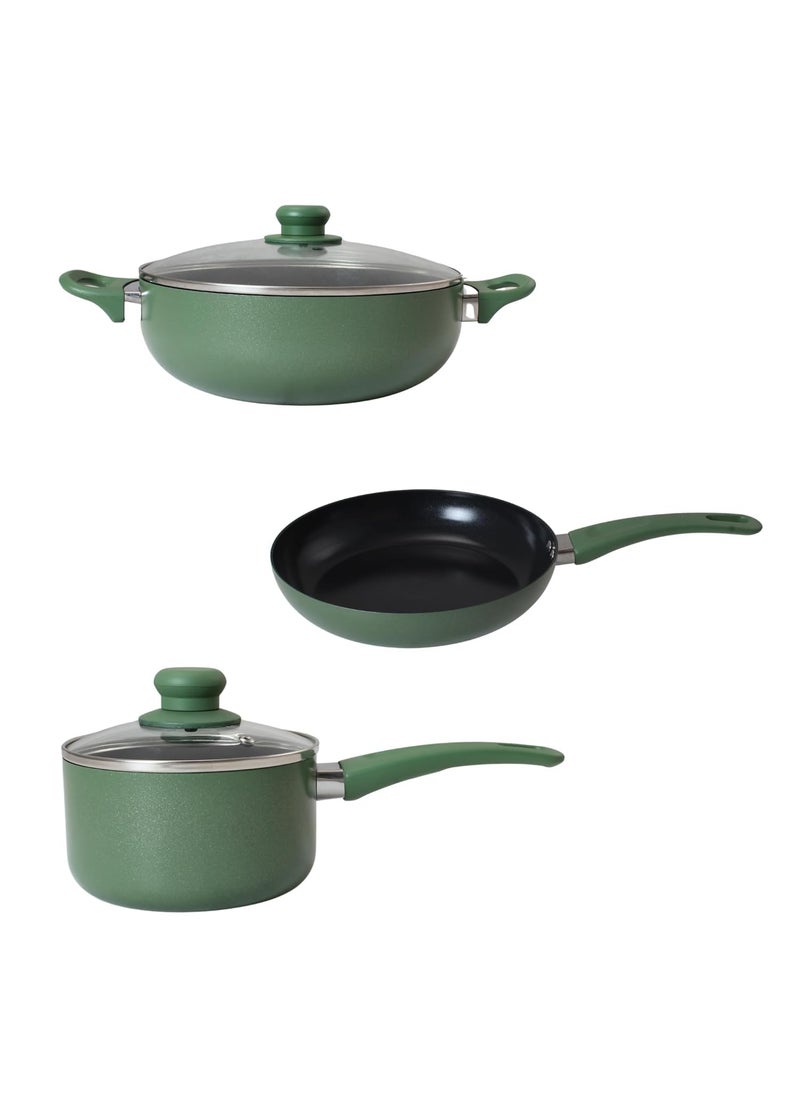Get Plumm Ceramic Coating PFOA Free Cooking Pot Sauce Pan Fry Pan Soft Touch Handle Tempered Glass Lid Set of 3 Ceramic Non Stick Gas Induction Compatible 1 Year Warranty Green