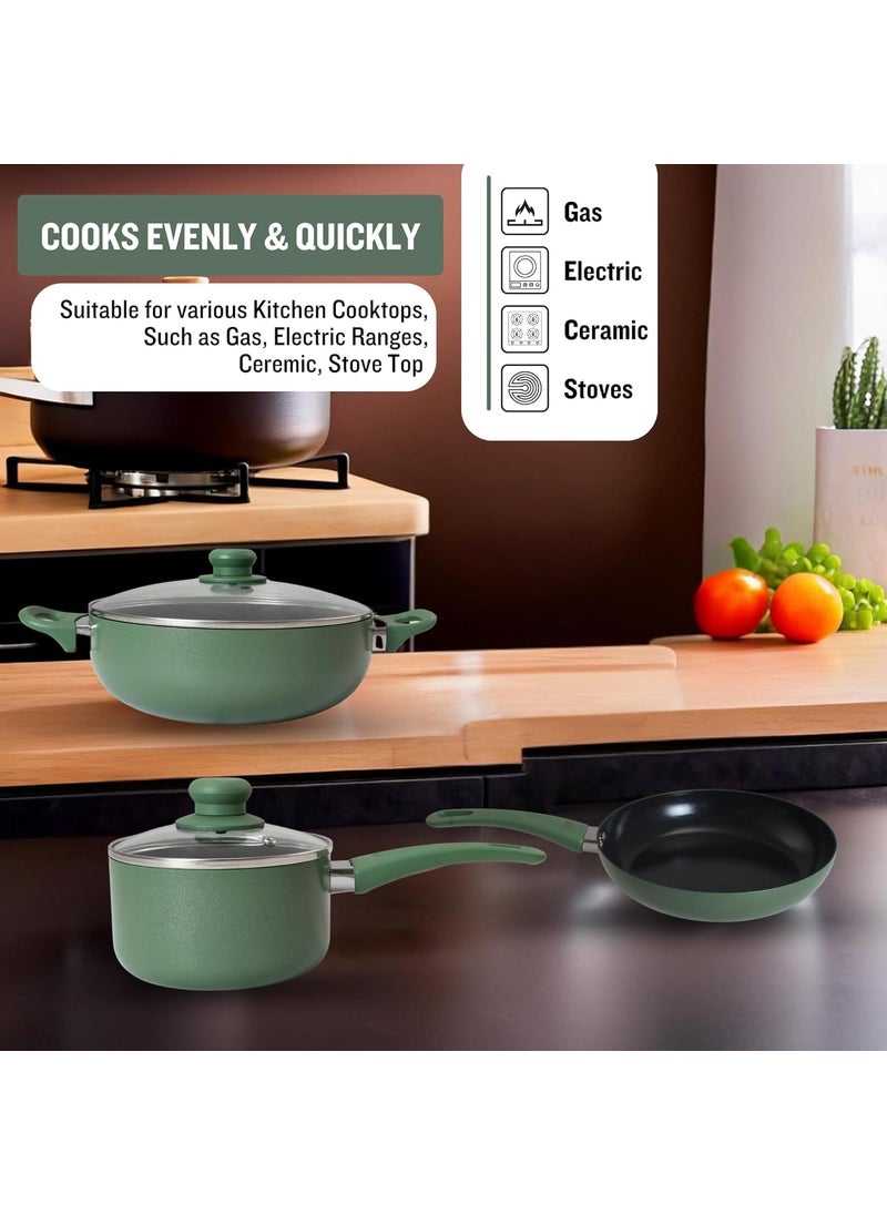 Get Plumm Ceramic Coating PFOA Free Cooking Pot Sauce Pan Fry Pan Soft Touch Handle Tempered Glass Lid Set of 3 Ceramic Non Stick Gas Induction Compatible 1 Year Warranty Green